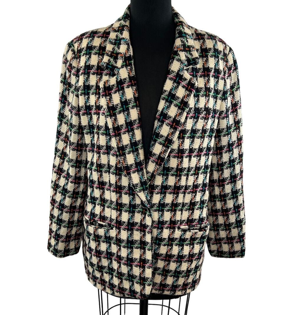 VINTAGE Giorgio Saint Angelo 80's Cream Black Houndstooth Wool Blazer 12 VTG